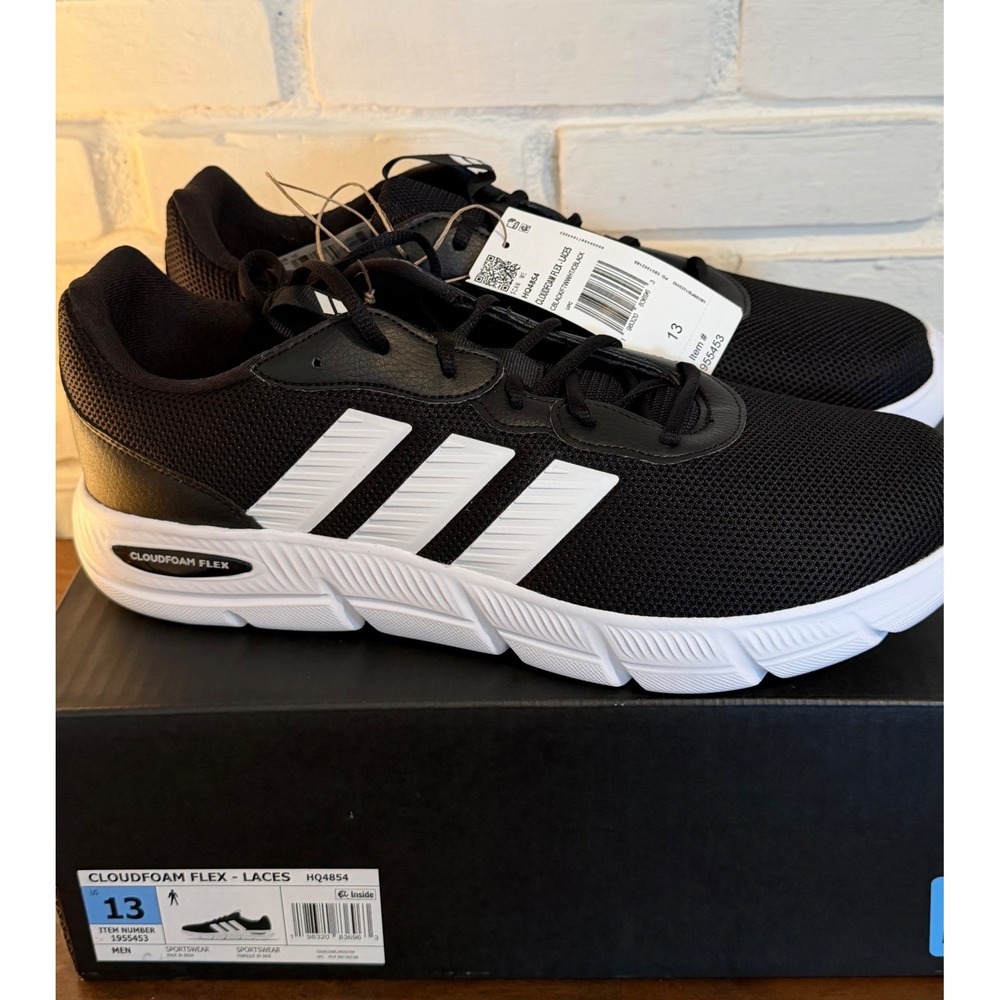 Adidas Cloudfoam Flex Laces Mens Running Shoes Black White •13• Athleisure Gym